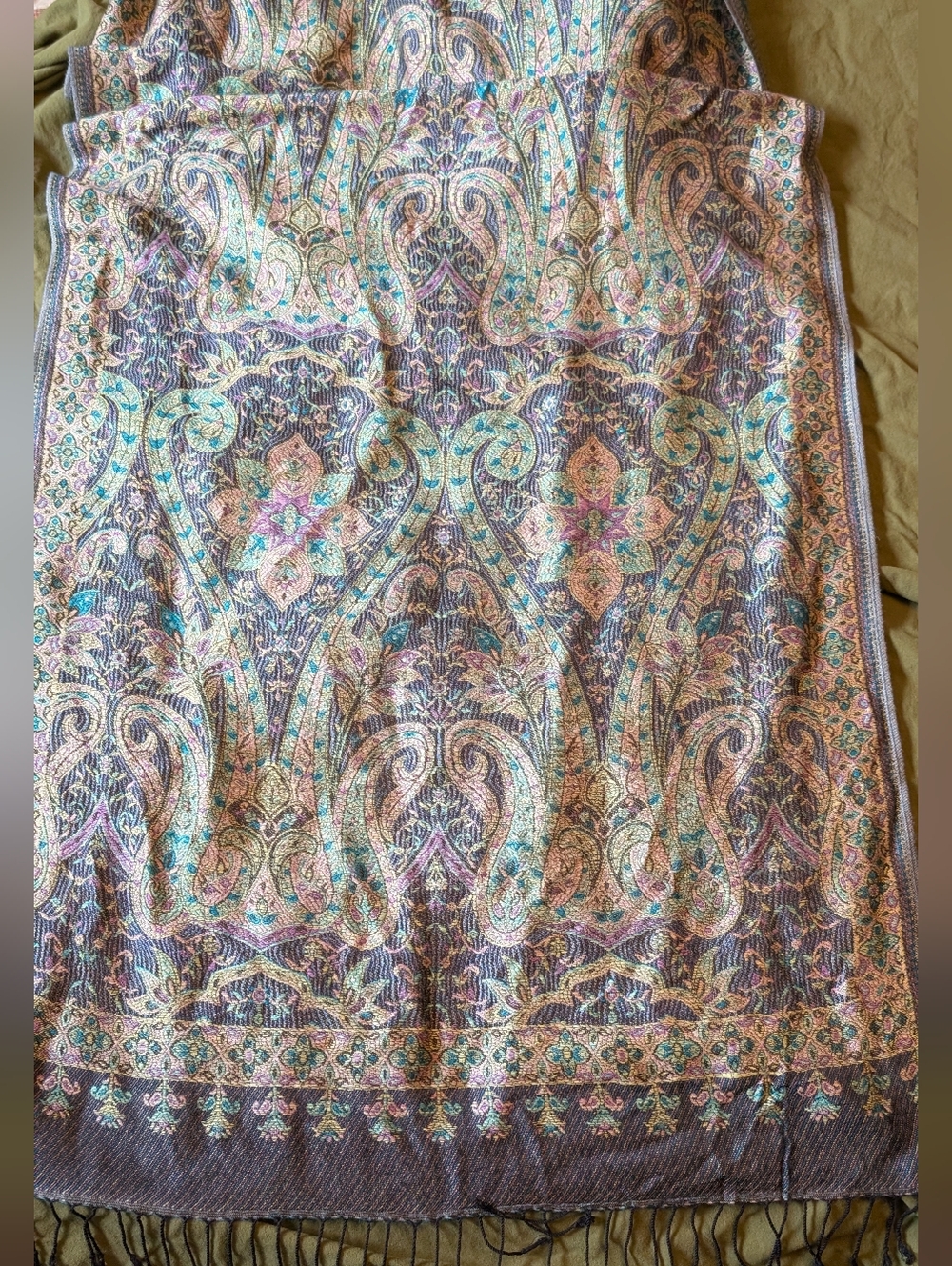 Gorgeous Cashere Paisley Fringe Scarf in Teal, Pink & Gold